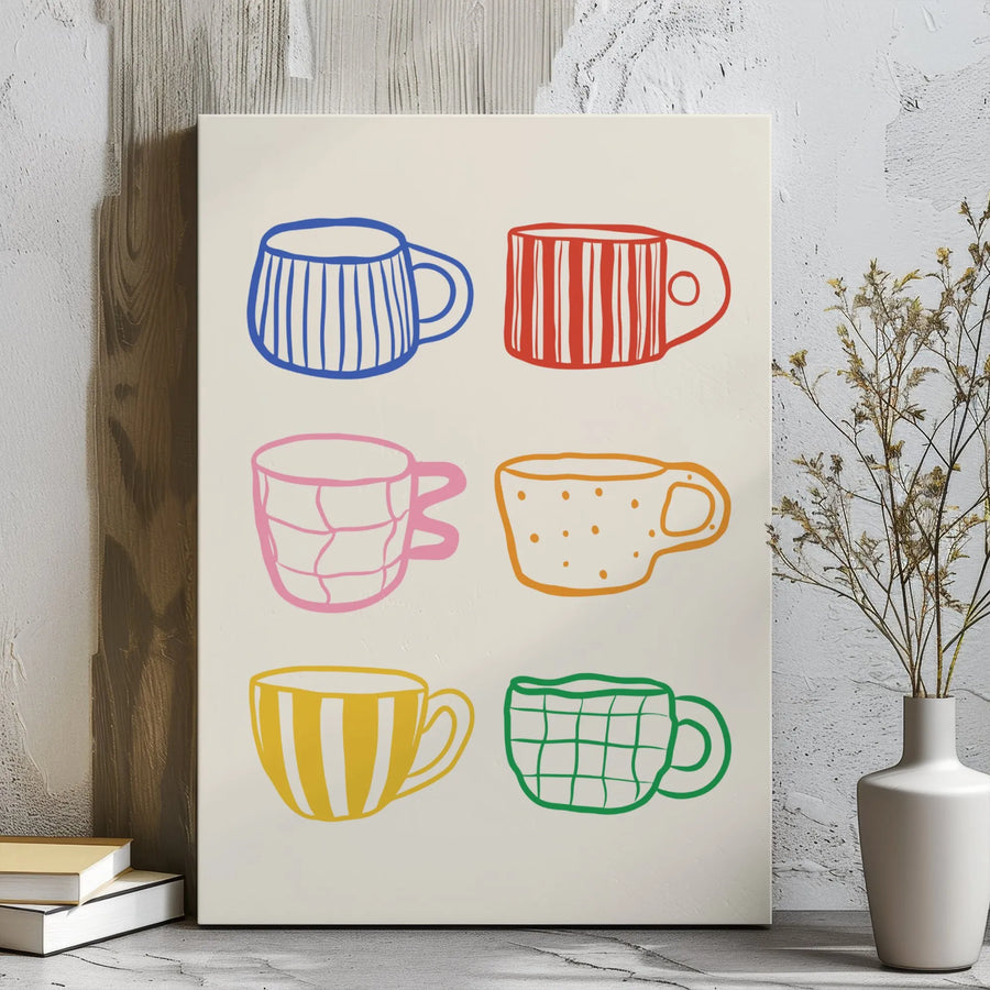 Colorful Coffee Mugs Wall Art | Hand-Drawn Minimalist Kitchen Decor | Premium Gallery Wrap Canvas | Modern Home Coffee Bar Gift