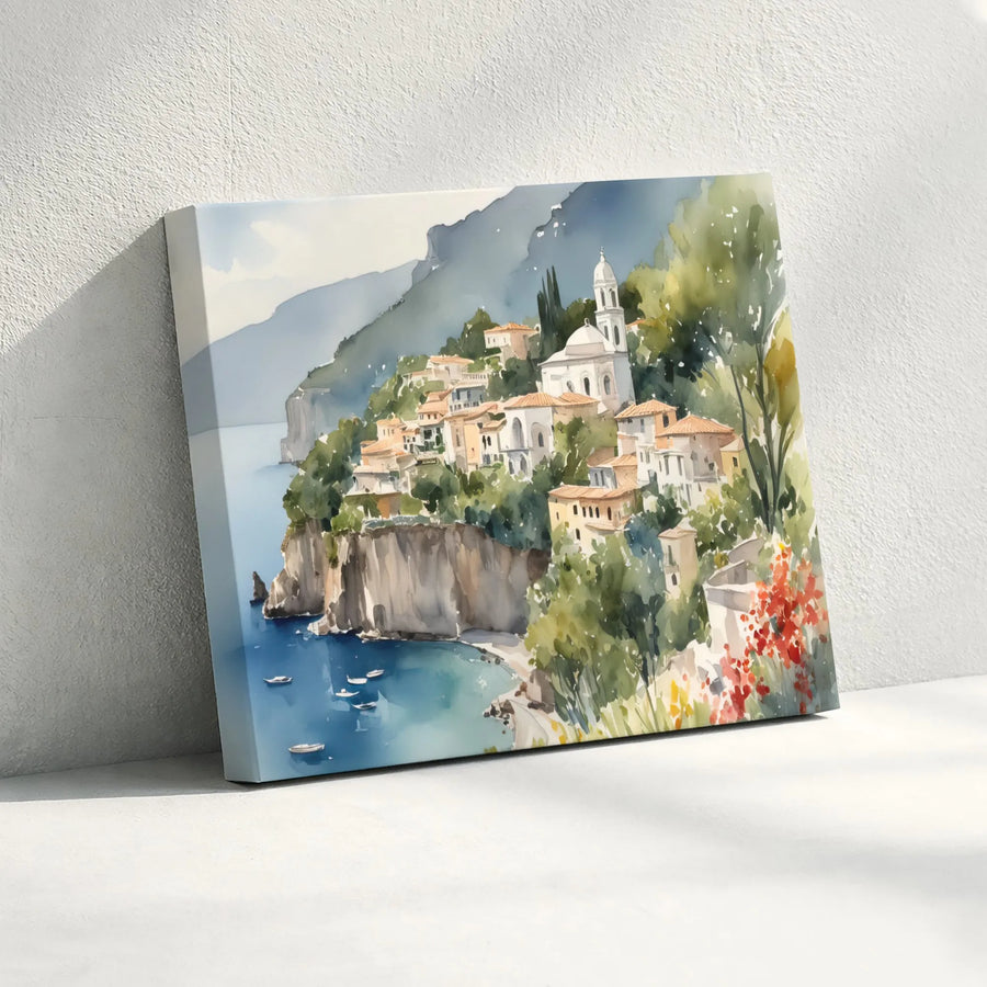 Mediterranean Seaside Village Canvas Print | Watercolor Coastal Amalfi Coast Landscape | Gallery Quality Wrapped Canvas | Travel Inspired Home Decor Wall Art