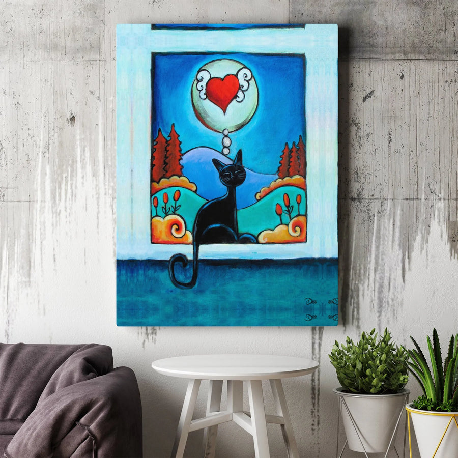 Black Cat Wall Art | Whimsical Winged Heart Window Canvas | Premium Gallery Wrap Decor | Gift for Cat Lovers & Pet Owners