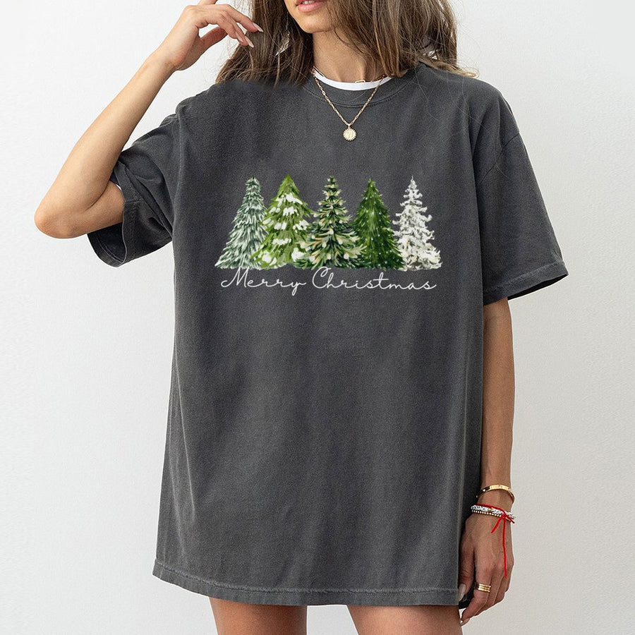 Merry Christmas Tree T-Shirt | Watercolor Pine Forest Graphic | Premium 100% Cotton Tee | Festive Holiday Gift for Men and Women