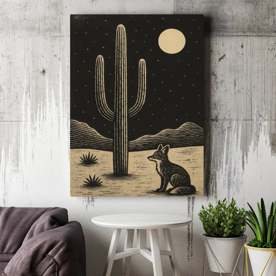 Desert Fox and Saguaro Canvas Wall Art | Linocut Style Night Landscape | Premium Fade-Resistant Gallery Wrap | Southwestern Home Decor Gift