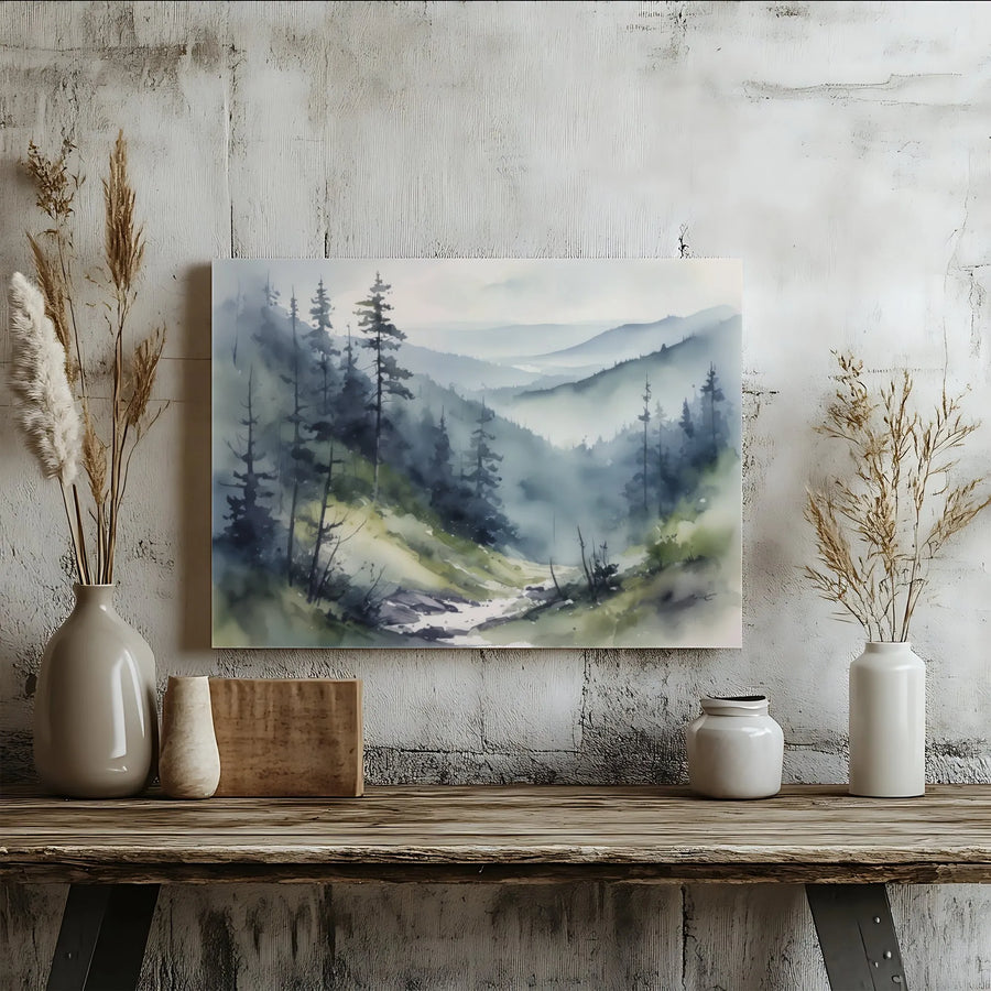 Misty Mountain Forest Canvas | Watercolor Pine Tree Landscape Art | 1.25" Gallery Wrap Premium Decor | Nature Wall Art For Living Room