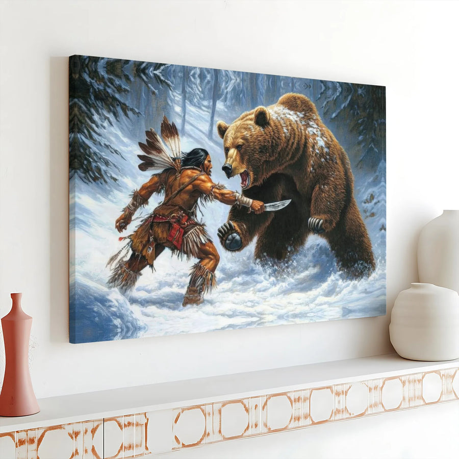 Native American Warrior Grizzly Bear Canvas Print | Snowy Wilderness Forest Battle | Premium 1.25" Gallery Wrap | Western Wildlife Home Decor Gift
