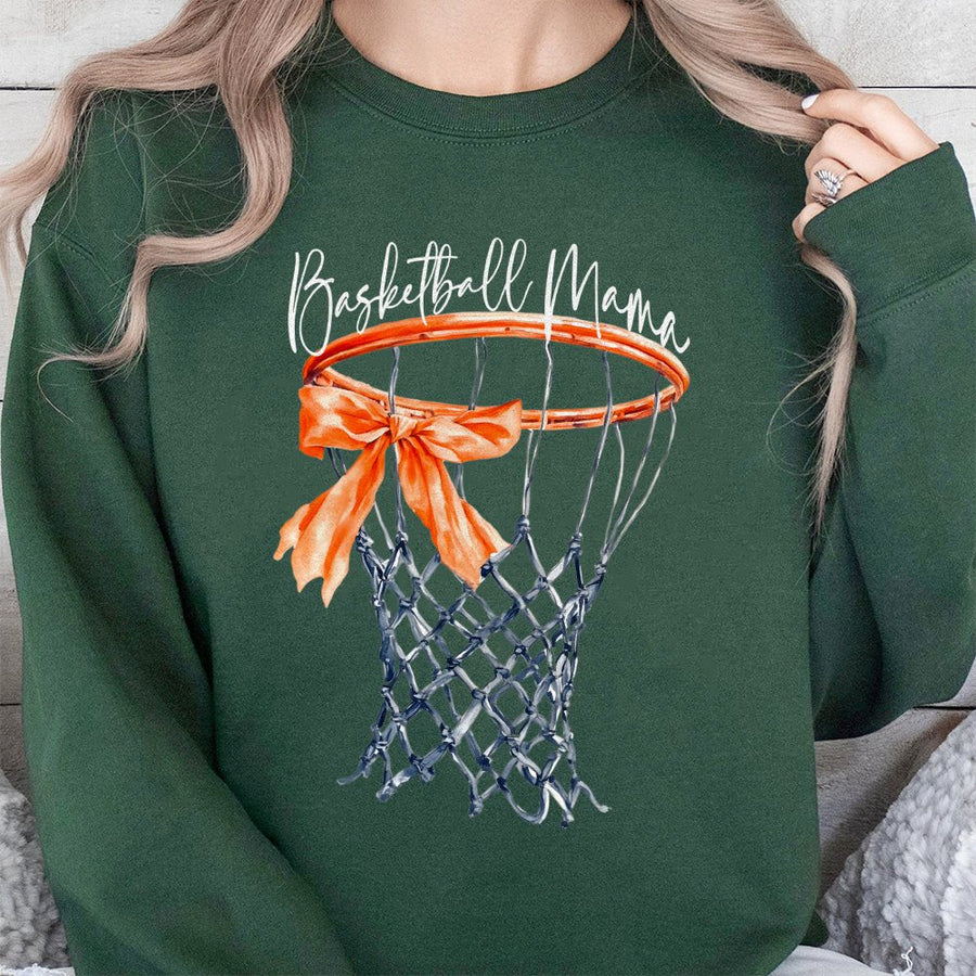 Basketball Mama Sweatshirt | Watercolor Hoop with Bow Graphic | Cotton-Poly Blend Premium Crewneck | Gift for Basketball Mom & Sports Fan