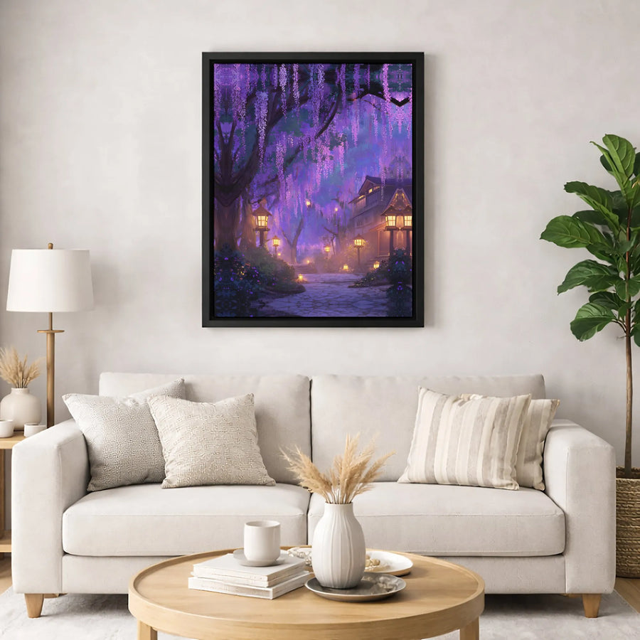 Japanese Garden Wall Art | Purple Wisteria Night Forest Landscape | Premium Gallery Wrapped Canvas | Enchanted Home Decor Gift