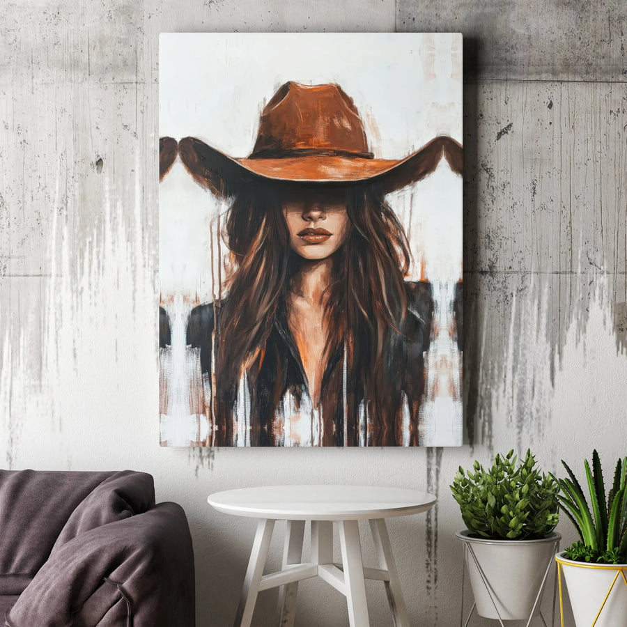 Western Cowgirl Canvas Wall Art | Abstract Painterly Portrait | Premium Gallery-Wrapped Canvas | Modern Farmhouse Decor Gift