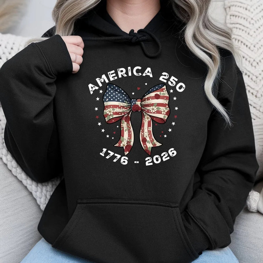 America 250 Hoodie | Patriotic Flag Bow with Florals | Soft Cotton Blend | 2026 Semiquincentennial Commemorative Gift for Men and Women