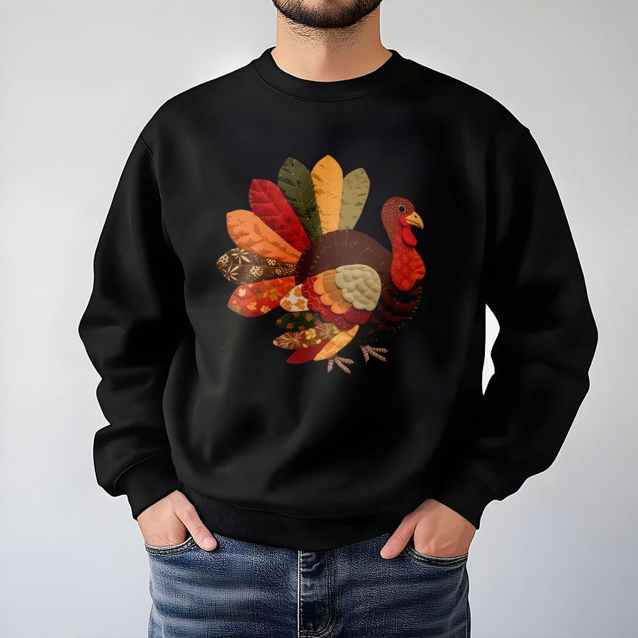 Patchwork Turkey Thanksgiving Sweatshirt | Boho Fall Leaf Pattern Graphic | Premium Cotton Blend Unisex Crewneck | Cute Autumn Holiday Gift for Her