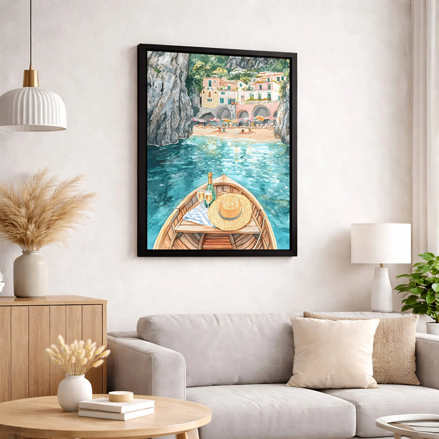 Amalfi Coast Painting Canvas | Watercolor Italian Summer Landscape | Premium Gallery Wrap Wall Art | Travel Lover Home Decor Gift