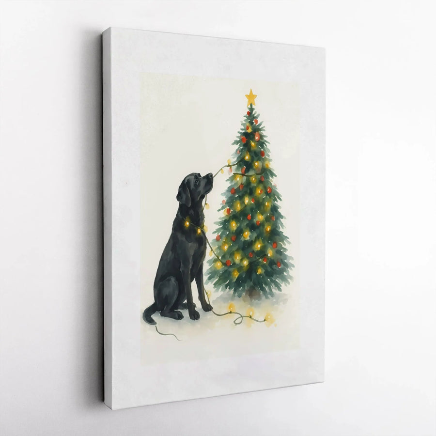 Black Labrador Christmas Wall Art | Watercolor Dog Decor with Holiday Lights | Gallery-Quality Premium Canvas | Perfect Gift for Dog Lovers