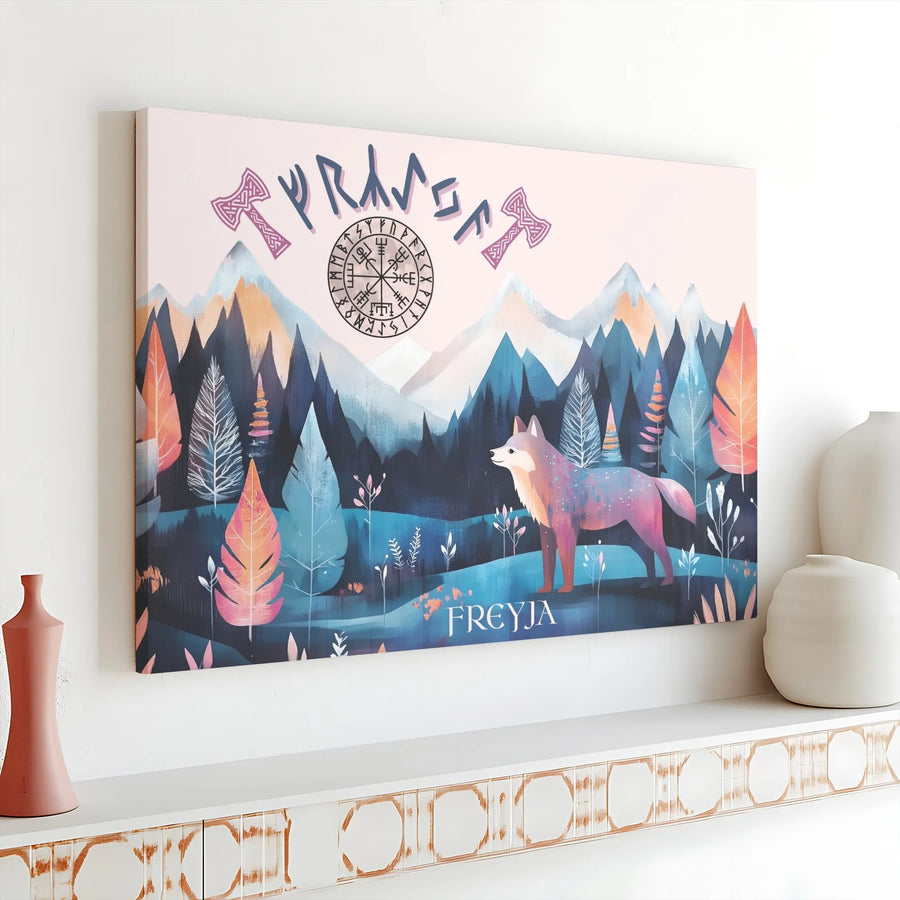 Freyja Viking Canvas Print | Norse Wolf Vegvisir Compass & Axes Art | 1.25 Inch Gallery Wrap | Mythological Home Decor Gift for Pagans