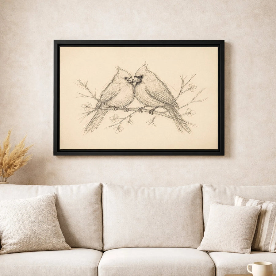 Cardinal Bird Couple Canvas Wall Art | Romantic Sketch on Branch | Premium Gallery Wrap Print | Nature-Inspired Home Decor Gift