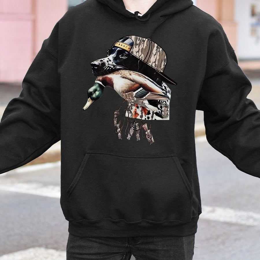Duck Hunting Dog Hoodie | Camo Hat Sporting Dog Graphic | Premium Cotton Blend | Gift For Waterfowl Hunters Outdoorsmen