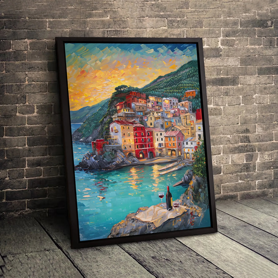 Italian Coastal Village Canvas Print | Mediterranean Seascape Oil Painting Style | Premium 1.25" Gallery Wrap | Travel Gift Wall Decor