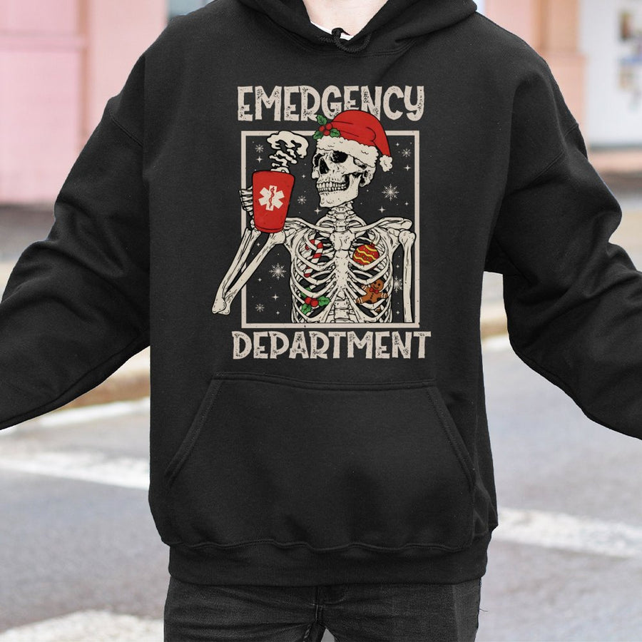 Emergency Department Christmas Hoodie | Skeleton Nurse Graphic | Premium Cotton Blend | Funny ER Nurse Gift for Holiday Season