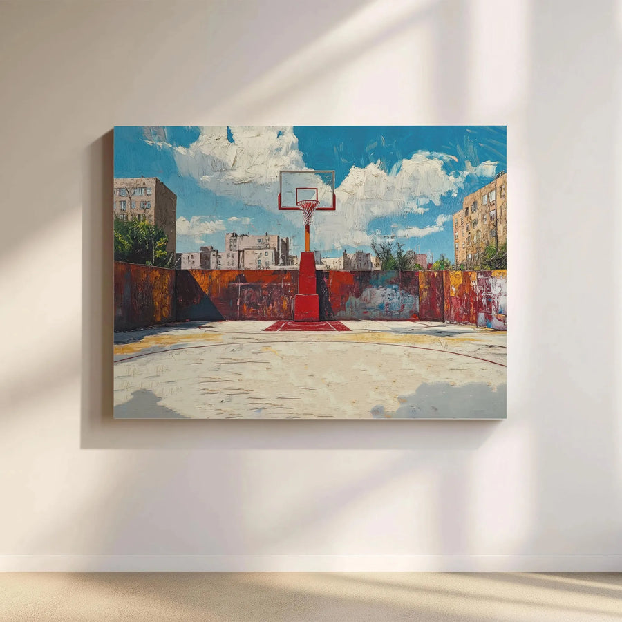 Urban Basketball Court Canvas Wall Art | Textured Painterly Streetball Scene | Premium Gallery Wrapped Print | Gift for Fan, Man Cave Decor