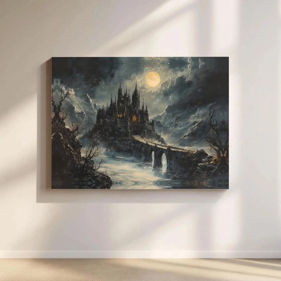 Gothic Castle Canvas Wall Art | Moody Full Moon Landscape Print | Gallery-Quality 1.25" Profile | Dark Academia Home Decor Gift