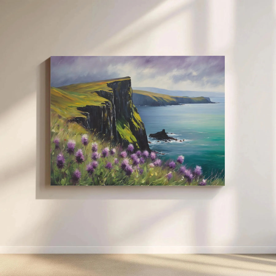 Coastal Cliffs Landscape Canvas Print | Purple Thistle Ocean View | Premium Gallery Wrapped Wall Art | Scenic Nature Decor For Living Room