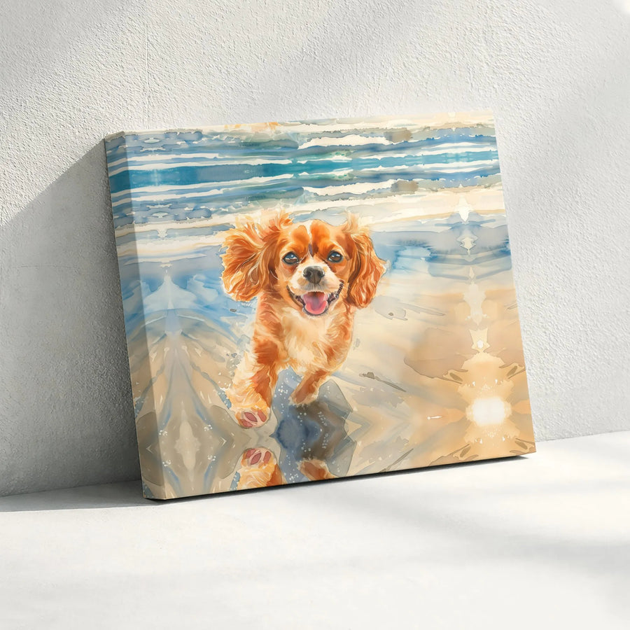 Cavalier King Charles Spaniel Canvas Wall Art | Watercolor Dog on Beach Painting | Premium Gallery Wrapped Canvas | Gift for Dog Lover & Pet Owner