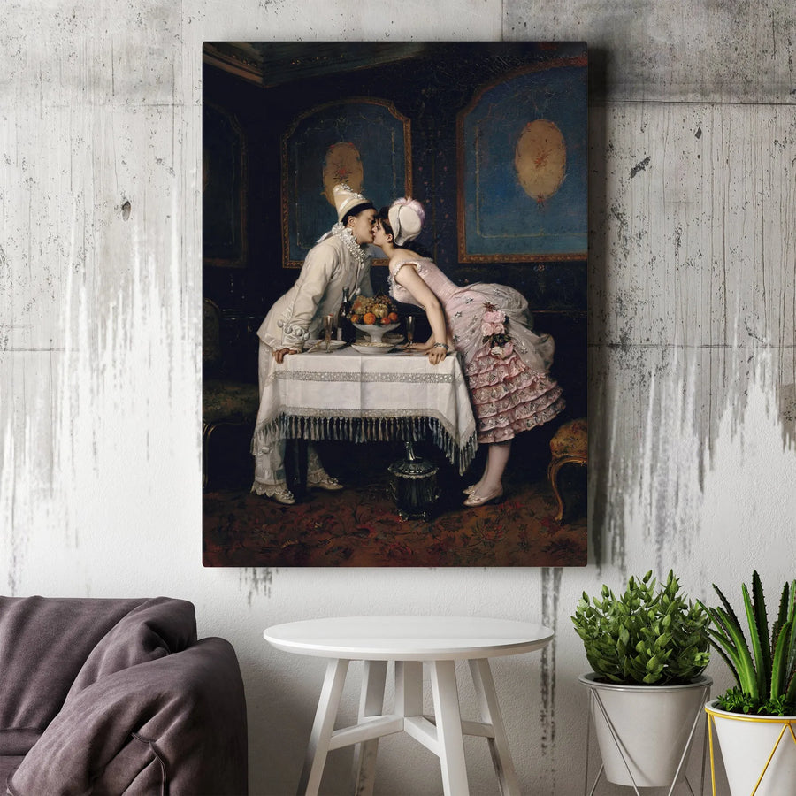 The Kiss Pierrot and Columbine Canvas Art | Romantic Vintage Oil Painting Reproduction | Premium Gallery Wrap Wall Decor | Anniversary Gift for Couples
