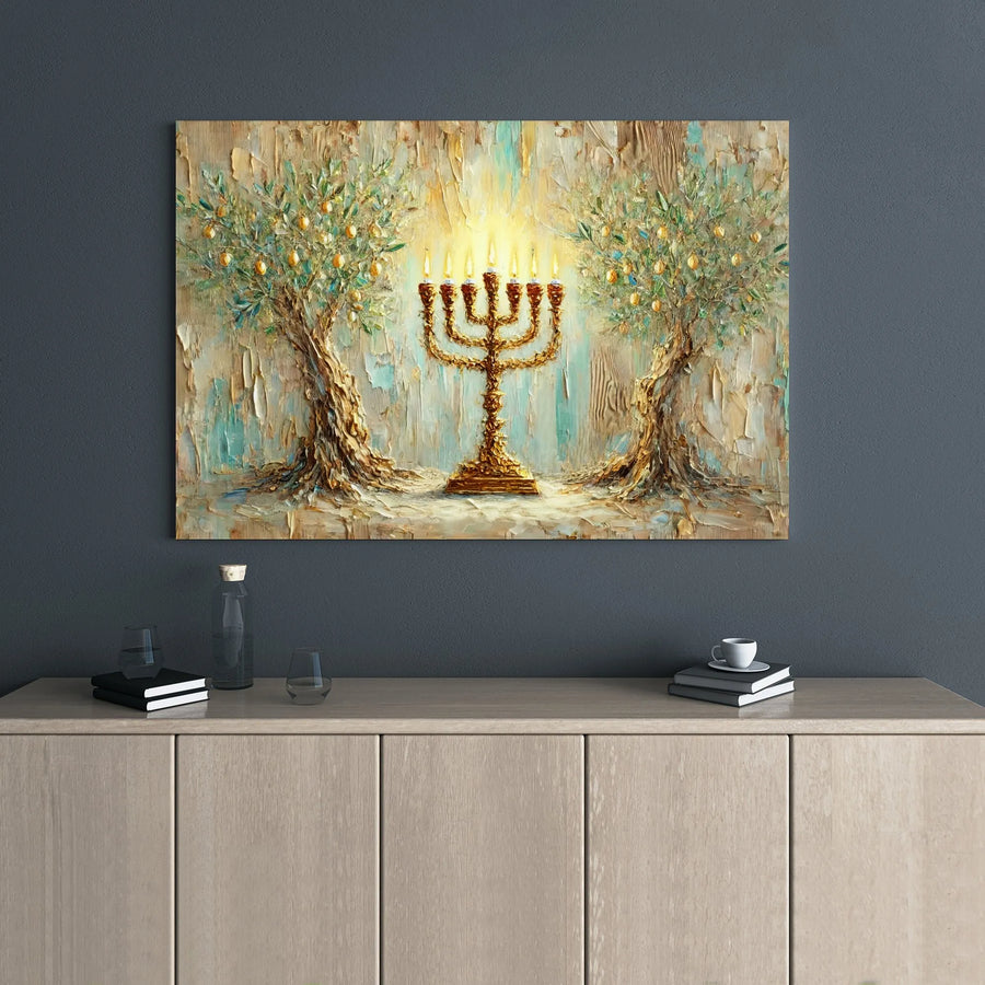 Menorah Canvas Wall Art | Golden Olive Tree Impasto Print | Gallery Wrapped 1.25" Frame | Jewish Home Decor Gift for Hanukkah
