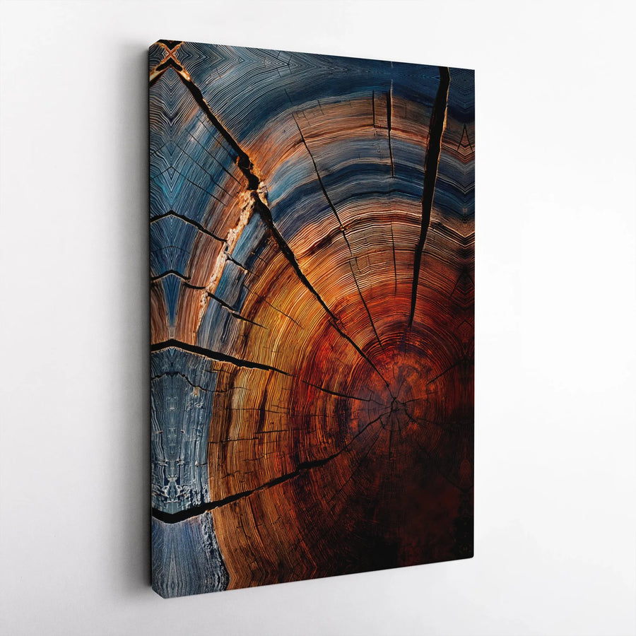 Abstract Tree Rings Wall Art | Vibrant Blue and Orange Wood Grain Print | Premium Gallery Wrapped Canvas | Modern Home Decor Gift