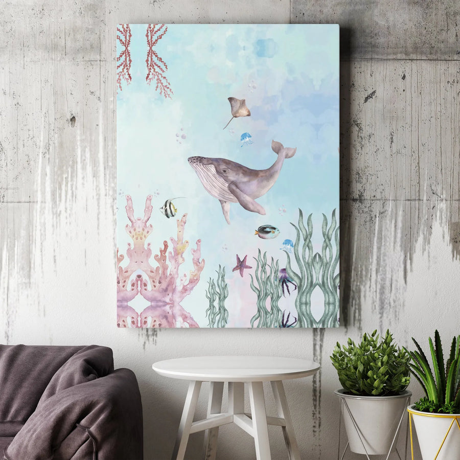 Watercolor Whale Canvas Wall Art | Underwater Ocean Scene Print | Premium Gallery Wrapped Canvas | Nautical Nursery Decor Gift