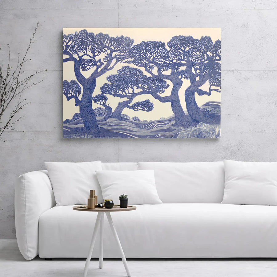 Blue Forest Canvas Wall Art | Gnarled Tree Linocut Print | Premium 1.25” Gallery Wrap | Modern Nature Decor for Living Room Office