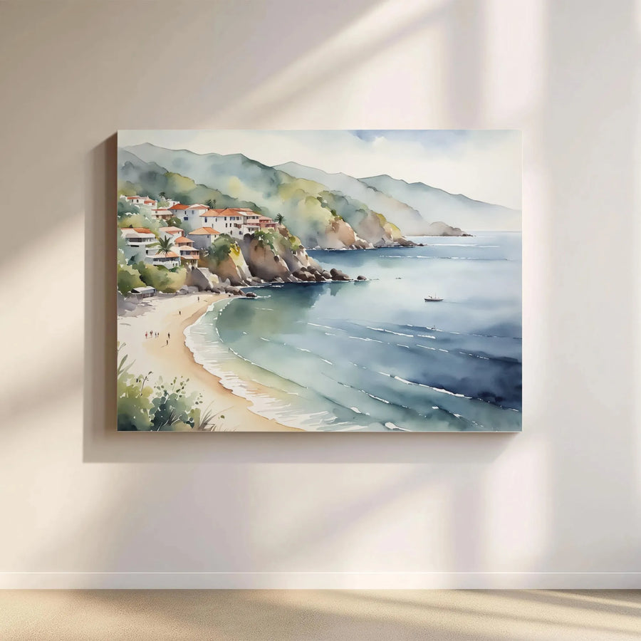 Coastal Village Canvas Wall Art | Watercolor Seascape Painting Print | Premium Gallery Wrapped Canvas | Living Room & Bedroom Wall Decor Gift