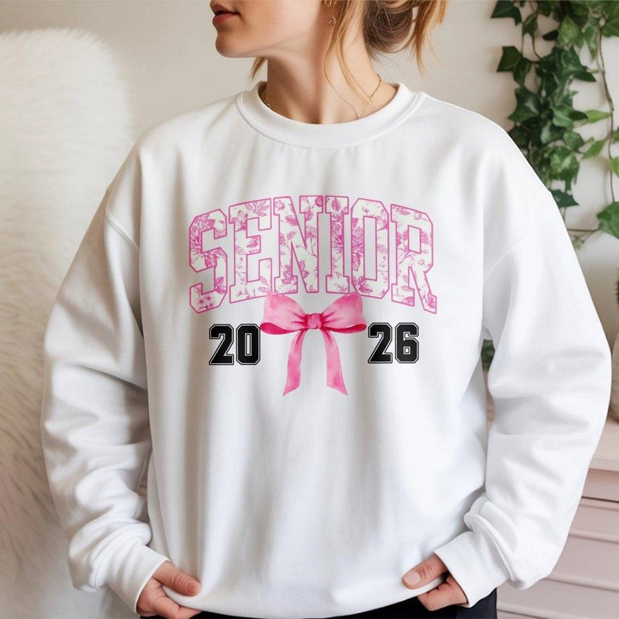 Senior 2026 Sweatshirt | Coquette Pink Bow Toile Floral Design | Premium Cotton-Blend Crewneck | High School Graduation Gift for Her