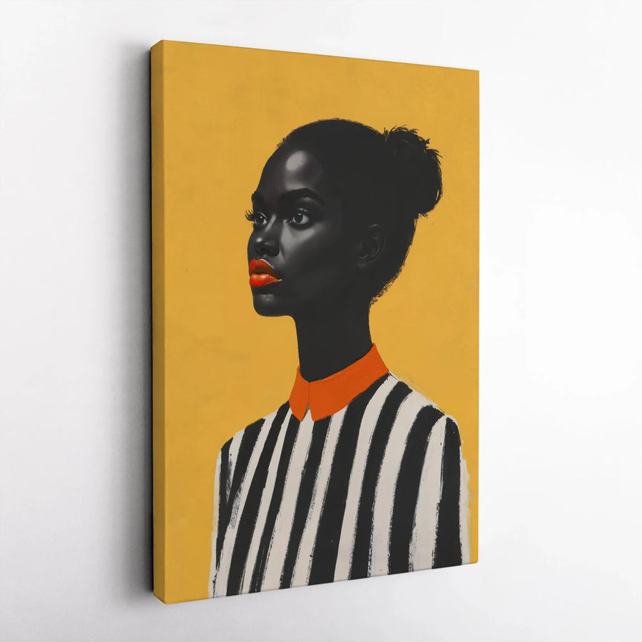 Black Woman Portrait Canvas Art | Minimalist Striped Outfit With Orange Accents | Premium Gallery Wrap Wall Decor | Modern Living Room Gift