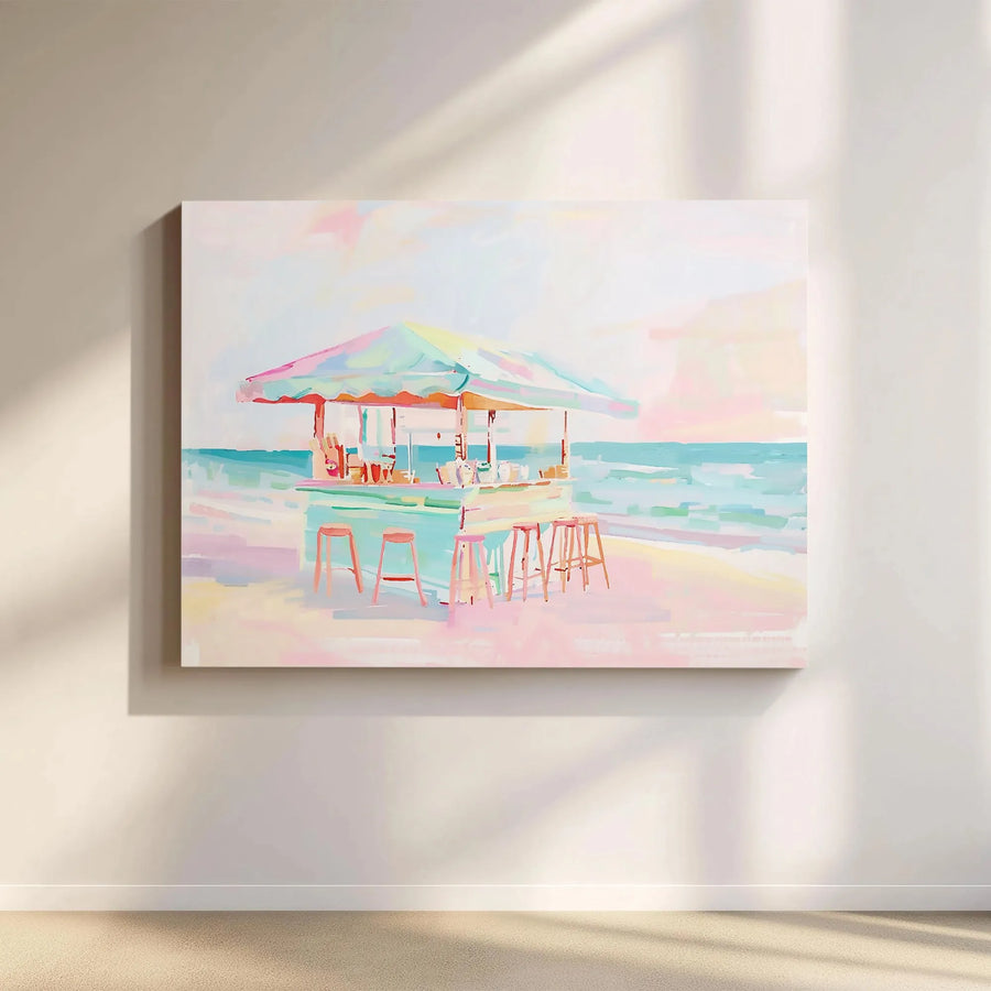 Pastel Beach Bar Canvas Art | Abstract Coastal Seascape Painting | Premium Gallery Wrapped Print | Modern Living Room Decor for Beach House