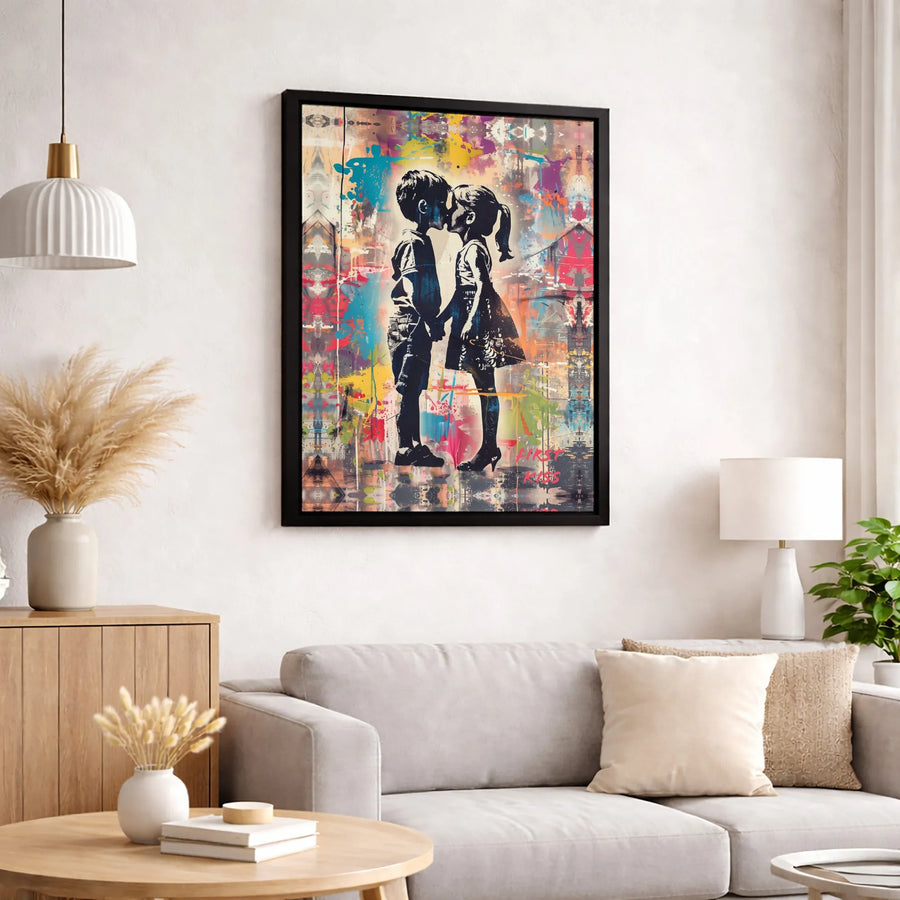 First Kiss Canvas Wall Art | Urban Abstract Couple Graffiti Print | Premium 1.25-Inch Gallery Wrap | Romantic Home Decor Gift