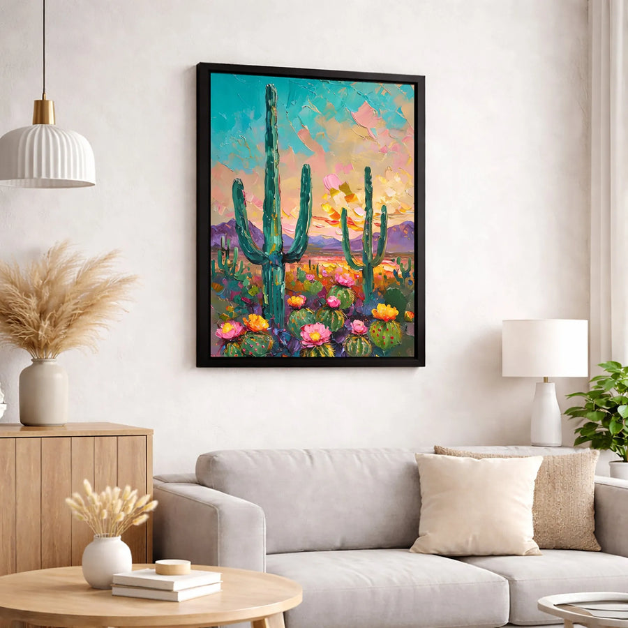 Desert Cactus Canvas Print | Impasto Sunset Landscape Wall Art | Gallery Quality 1.25" Thick | Southwestern Home Decor Gift