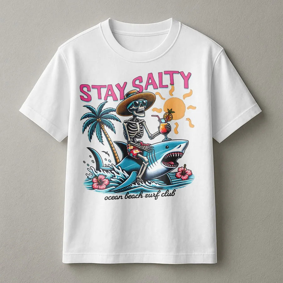 Stay Salty Skeleton Shark T-Shirt | Funny Retro Surfer Graphic | Premium Cotton | Summer Vacation Gift for Men & Women