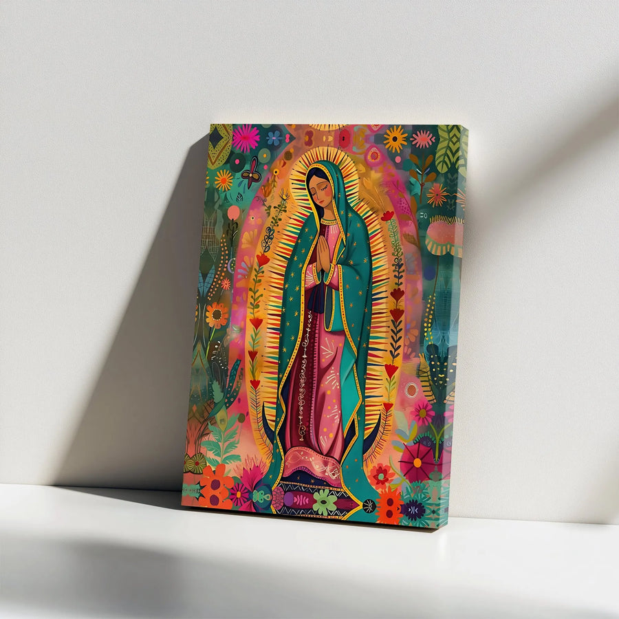 Our Lady Of Guadalupe Canvas Art | Vibrant Mexican Folk Art Floral Print | Premium Gallery-Wrapped Wall Decor | Religious Gift For Home And Office