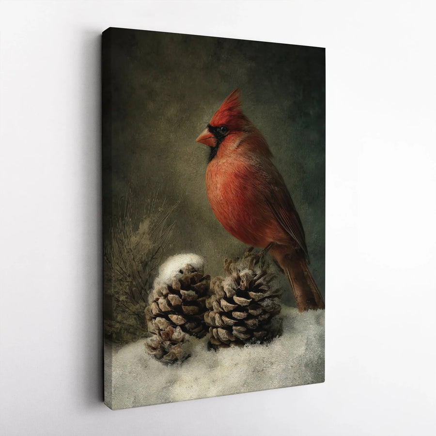 Red Cardinal Wall Art | Snowy Pinecone Winter Nature Scene | Premium Gallery Wrap Canvas | Rustic Christmas Home Decor Gift