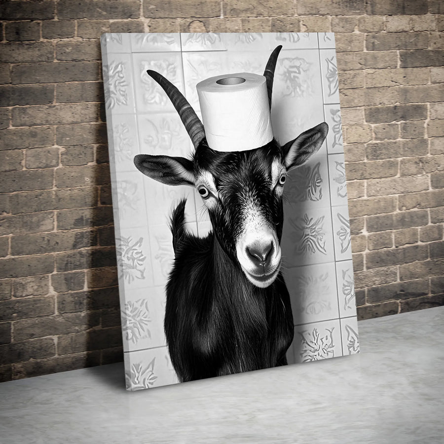 Goat Bathroom Wall Art | Funny Toilet Paper Head Canvas Print | Modern Farmhouse Decor | Quirky Animal Portrait Gift