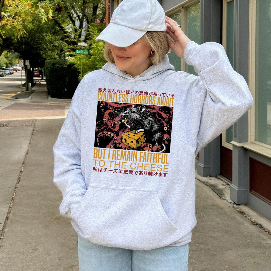 Japanese Horror Rat Hoodie | Funny Cheese Lover Graphic Sweatshirt | Premium Cotton Blend | Quirky Gift for Weird Streetwear Fans
