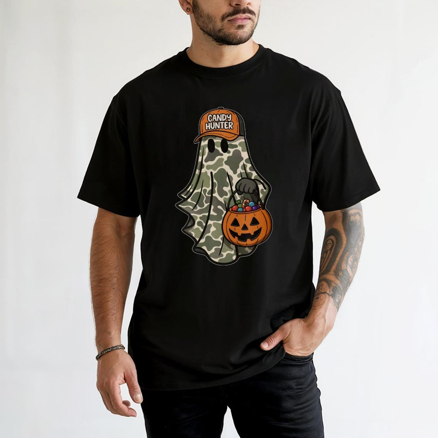 Candy Hunter Ghost T-Shirt | Camo Halloween Graphic Tee | Premium Cotton Soft Shirt | Funny Trick or Treat Apparel for Men and Women