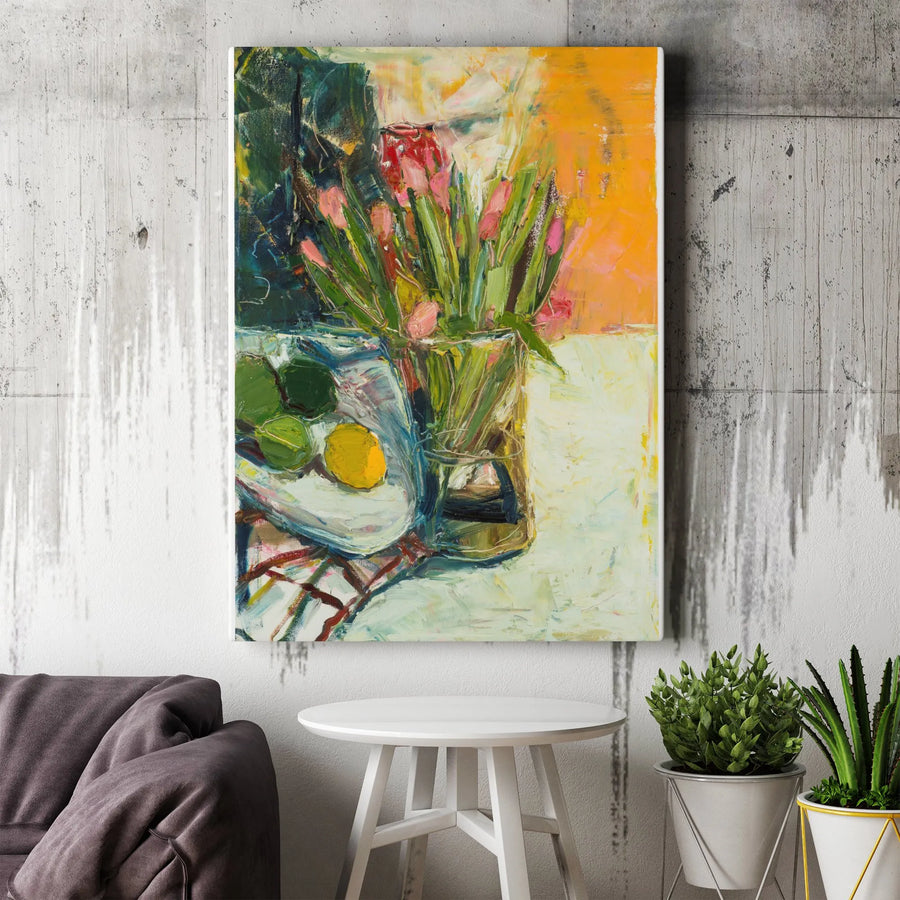 Floral Still Life Vertical Canvas | Abstract Painterly Tulips & Citrus Print | Premium Gallery Wrapped Canvas | Modern Kitchen Wall Decor Gift