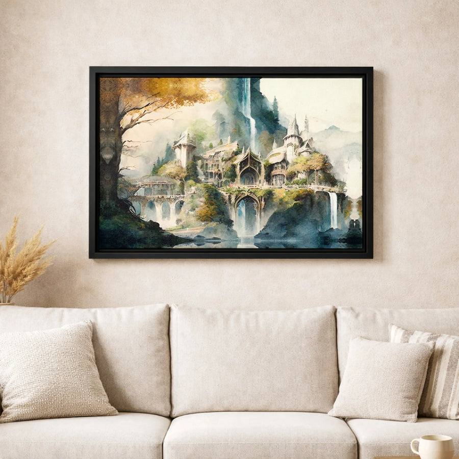 Elven Fantasy Castle Wall Art | Watercolor Waterfall Landscape Print | Premium 1.25 Inch Thick Canvas | Gift for Fantasy Readers & Dreamers