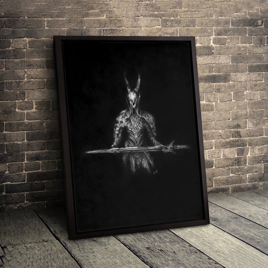 Dark Fantasy Knight Wall Art | Charcoal Sketch Warrior Drawing | Premium 1.25 Inch Gallery Canvas | Gothic Home Office Decor Gift