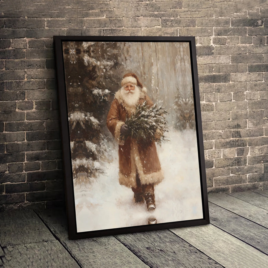 Vintage Santa Claus Wall Art | Snowy Forest Christmas Tree Print | Premium Gallery-Wrapped Canvas | Festive Holiday Home Decor Gift
