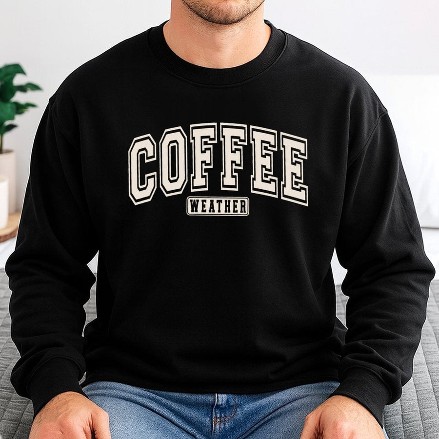 Coffee Weather Sweatshirt | Varsity Lettering Graphic Print | Soft Cotton-Polyester Blend | Trendy Fall Coffee Lover Gift For Her