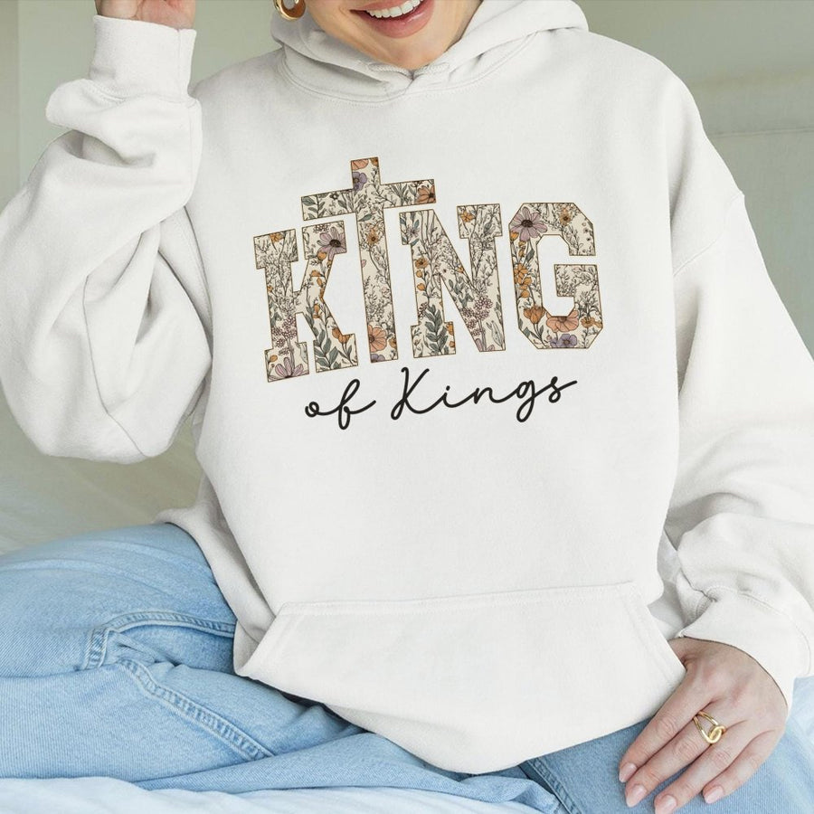 King Of Kings Jesus Hoodie | Floral Cross Religious Graphic | Premium Cotton Blend Sweatshirt | Christian Gift For Her & Him