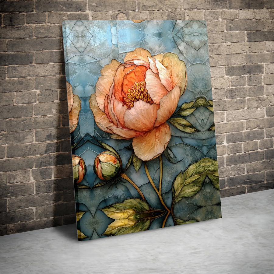 Peony Flower Canvas Wall Art | Stained Glass Style Botanical Print | Premium Gallery Wrap 1.25" Profile | Modern Floral Home Decor Gift