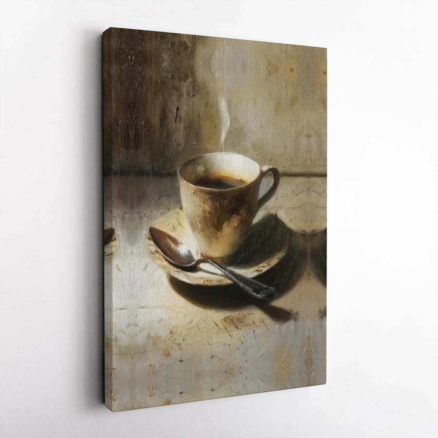 Coffee Cup Canvas Wall Art | Rustic Still Life Painting Print | Premium Thick Gallery Wrap | Kitchen & Cafe Wall Decor Gift