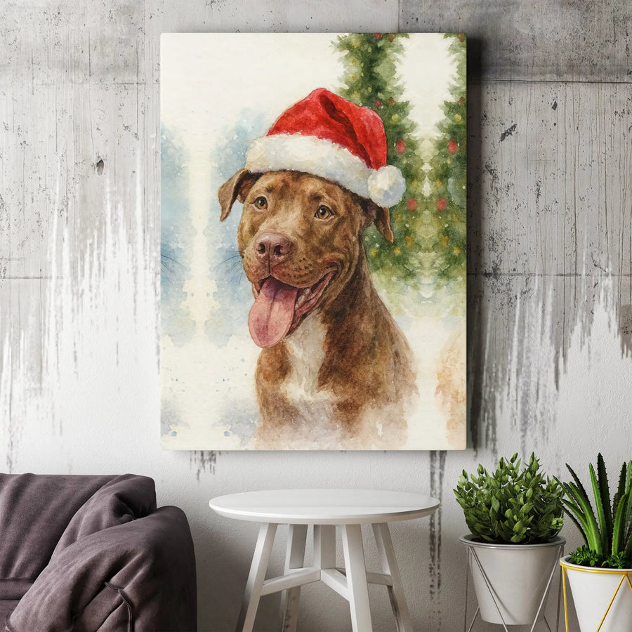 Pit Bull Wall Art | Watercolor Christmas Dog in Santa Hat | Premium Gallery Wrapped Canvas | Holiday Pet Lover Gift Decor