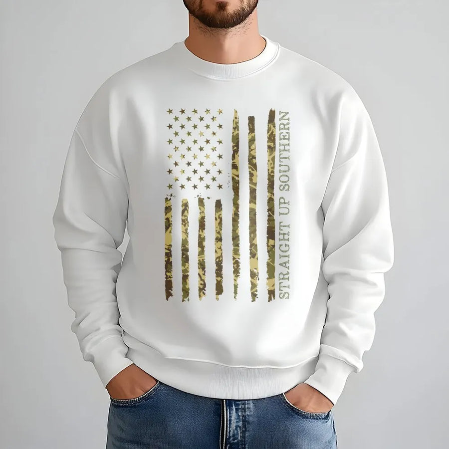 Straight Up Southern Sweatshirt | Camo American Flag Graphic | Unisex Premium Cotton Blend | Patriotic Gift For Outdoorsmen And Hunters